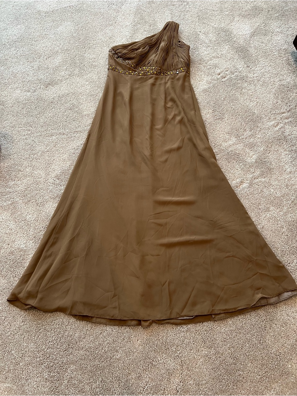 Alexia Designs One-Shoulder Olive Brown Evening Gown